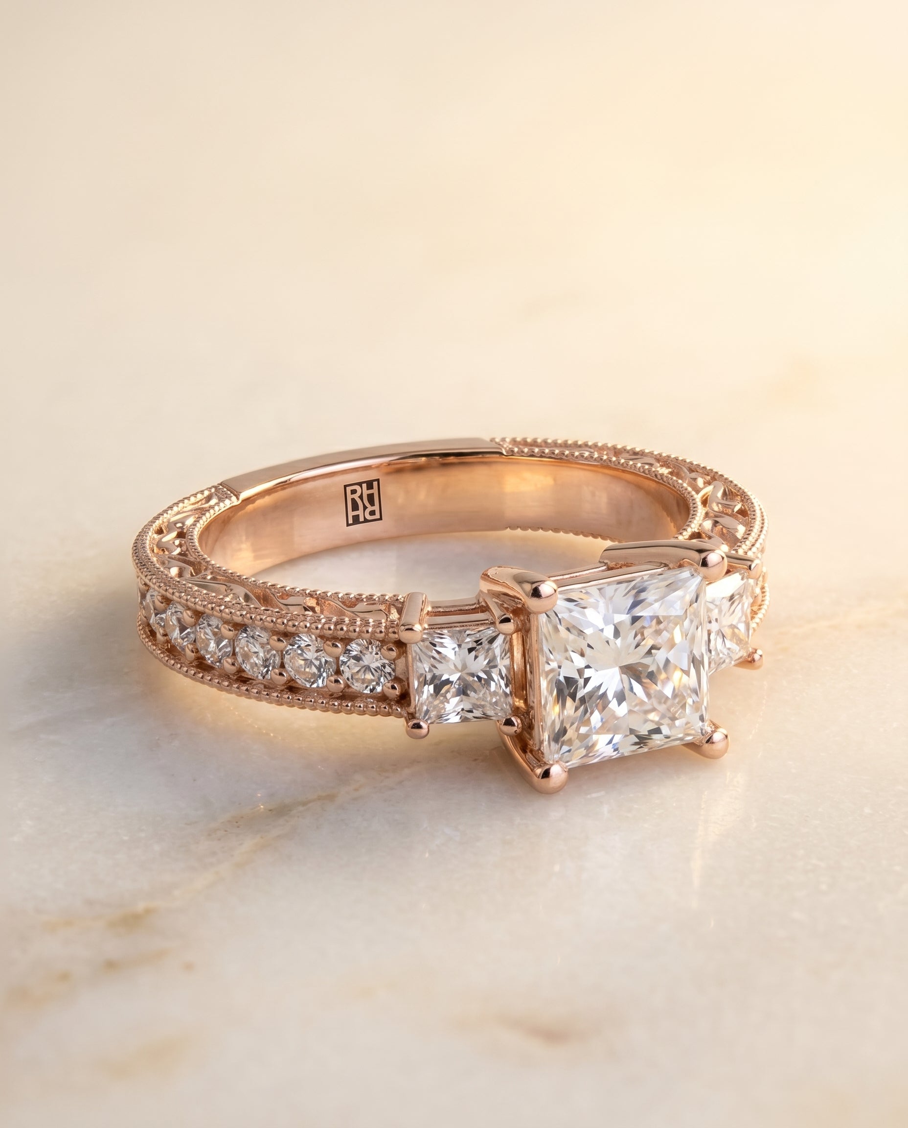 Helena Select Vintage Hand Engraved Three Stone Solitaire in 14K Rose Gold – view 1