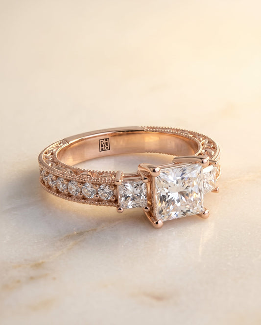 Helena Select Vintage Hand Engraved Three Stone Solitaire in 14K Rose Gold – view 1
