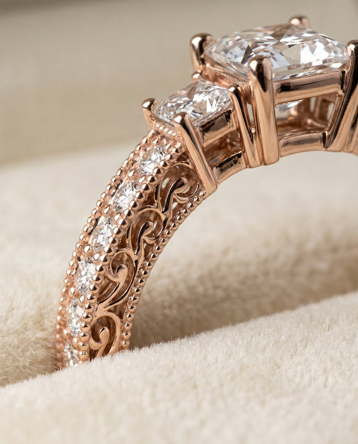Helena Select Vintage Hand Engraved Three Stone Solitaire in 14K Rose Gold – view 4