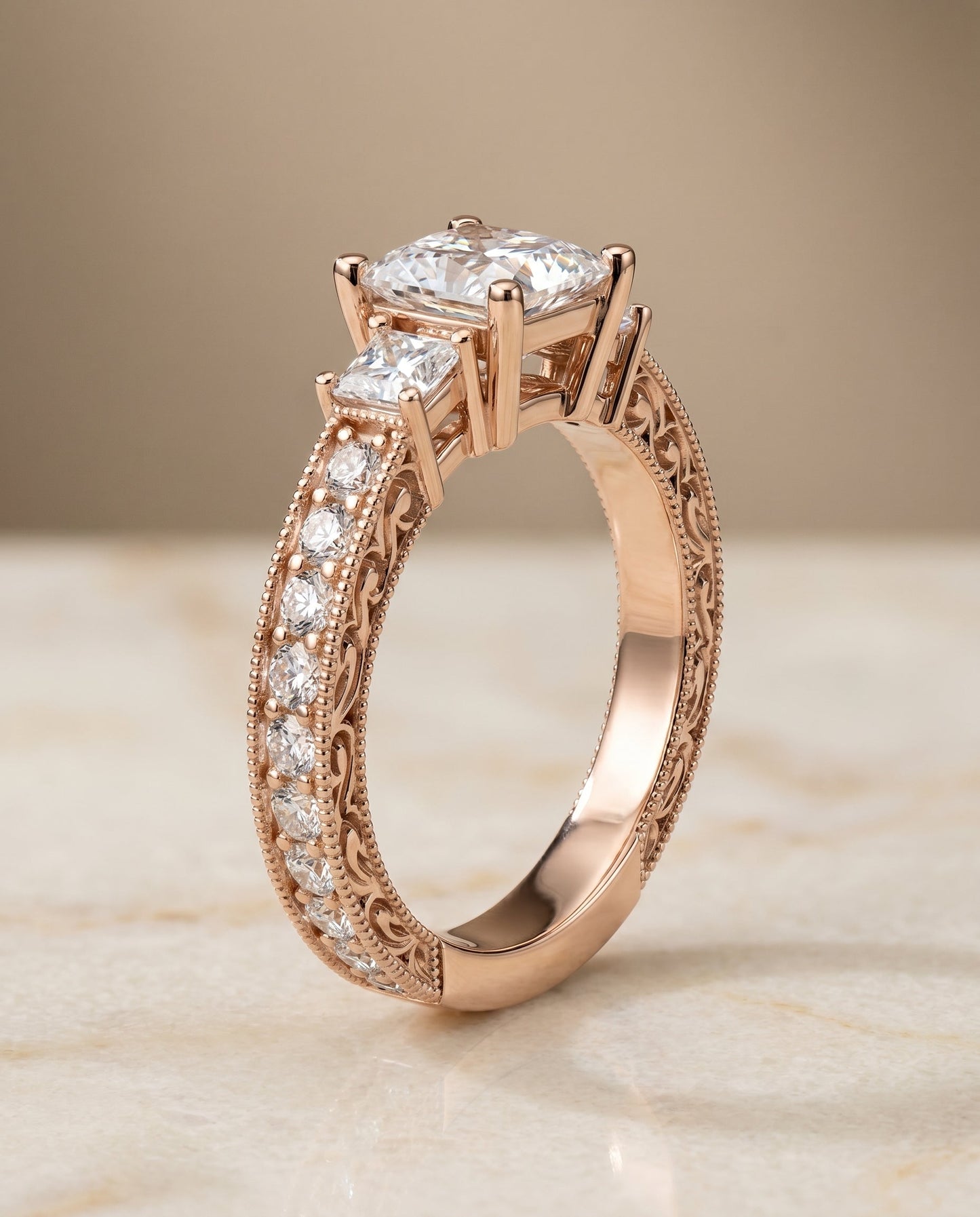 Helena Select Vintage Hand Engraved Three Stone Solitaire in 14K Rose Gold – view 2