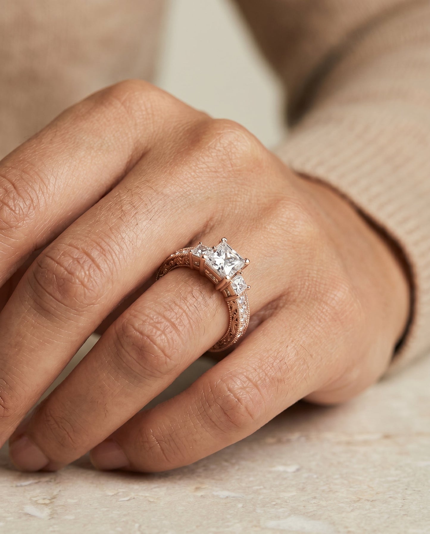 Helena Select Vintage Hand Engraved Three Stone Solitaire in 14K Rose Gold – view 3