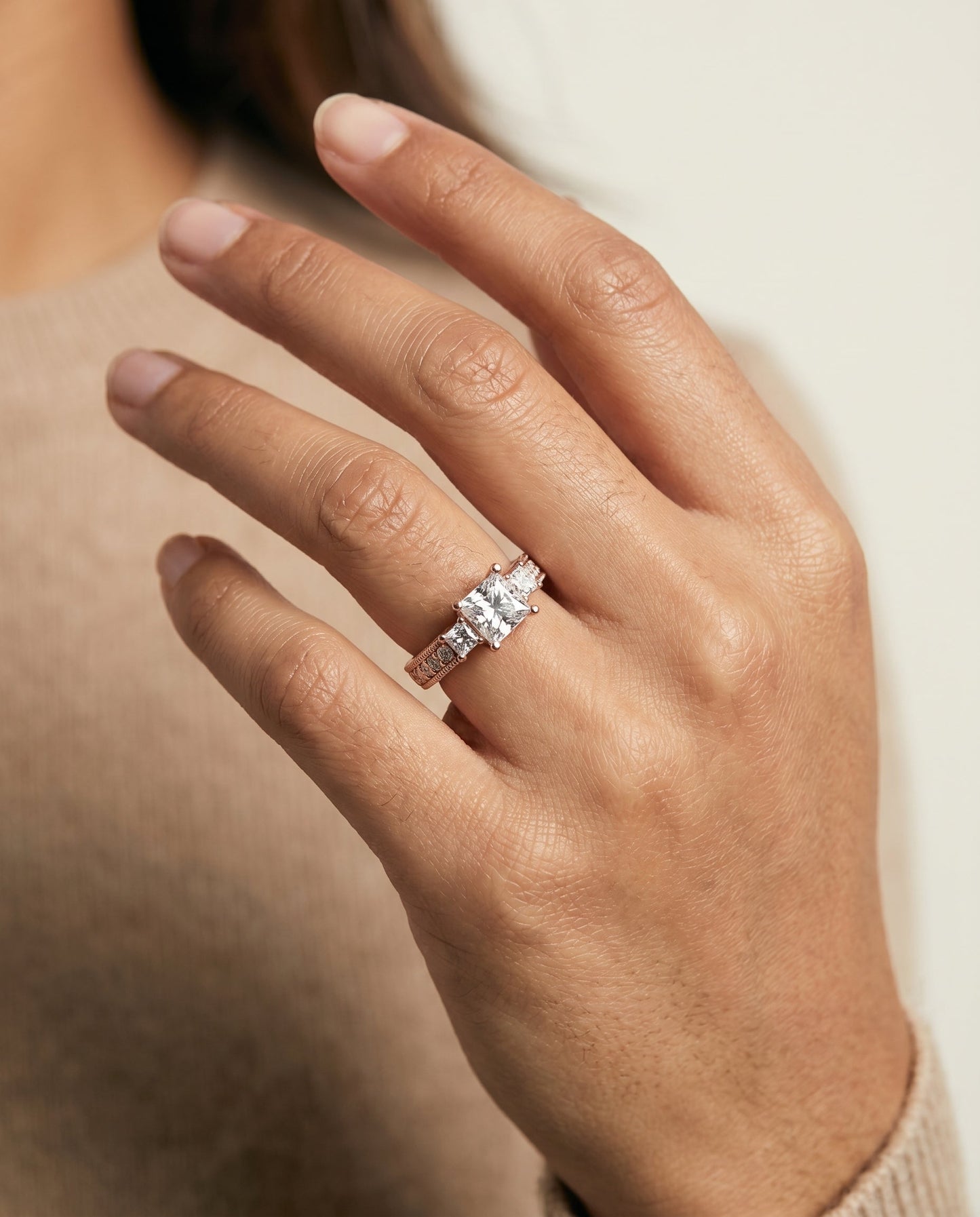 Helena Select Vintage Hand Engraved Three Stone Solitaire in 14K Rose Gold – view 5