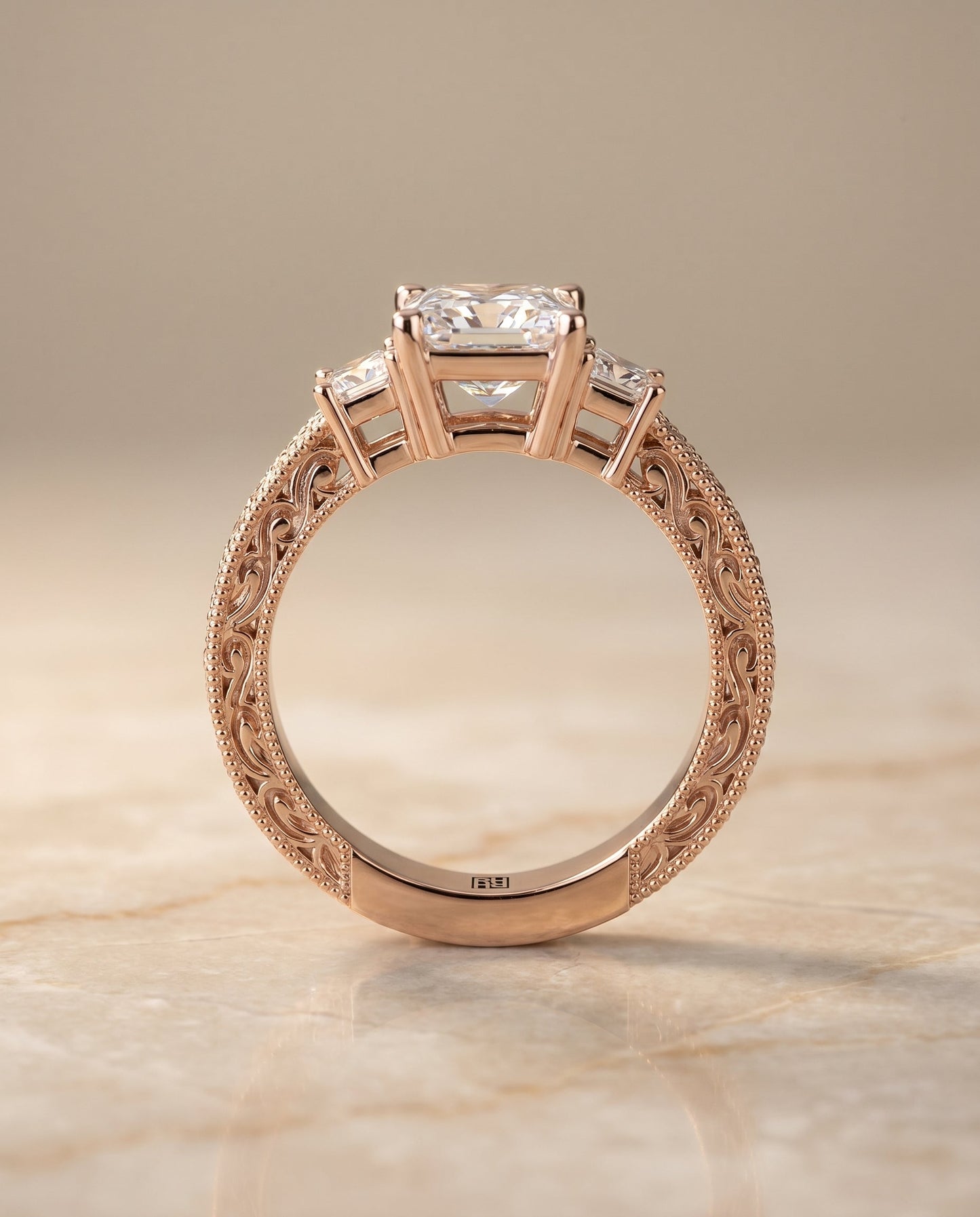 Helena Select Vintage Hand Engraved Three Stone Solitaire in 14K Rose Gold – view 6