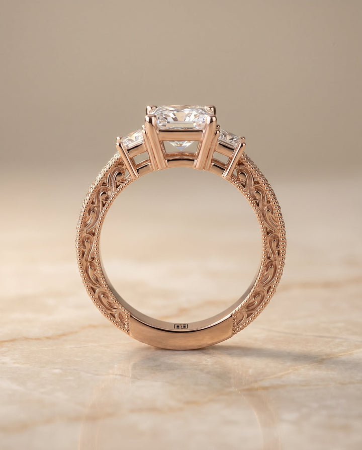 Helena Select Vintage Hand Engraved Three Stone Solitaire in 14K Rose Gold – view 6