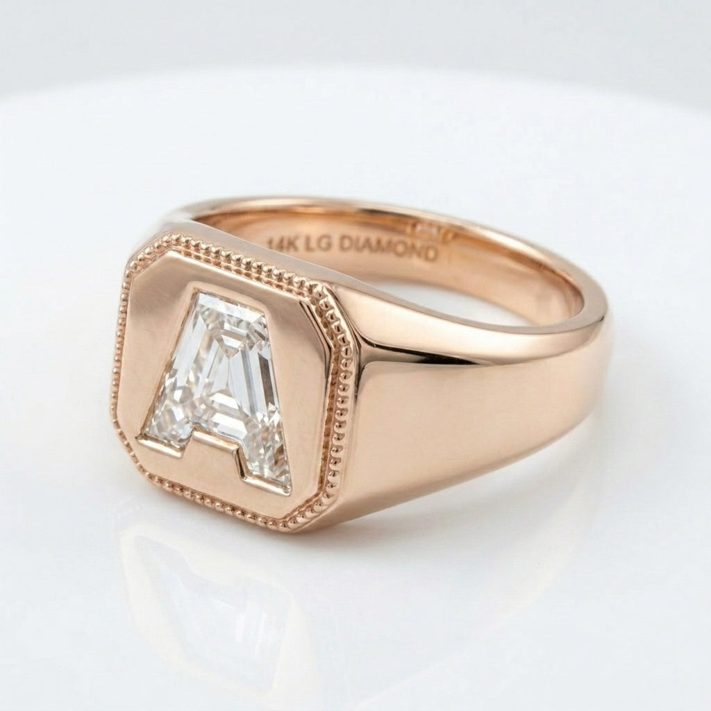 Women's Vintage Milgrain lab-grown diamond letter signet ring in 14K Rose Gold, letter A, product photography
