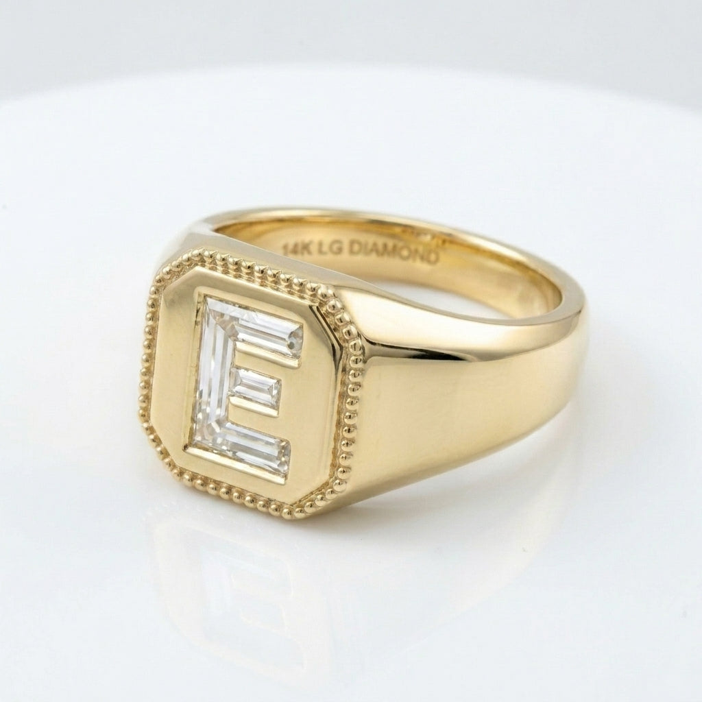 Women's Vintage Milgrain lab-grown diamond letter signet ring in 14K Yellow Gold, letter E, product photography