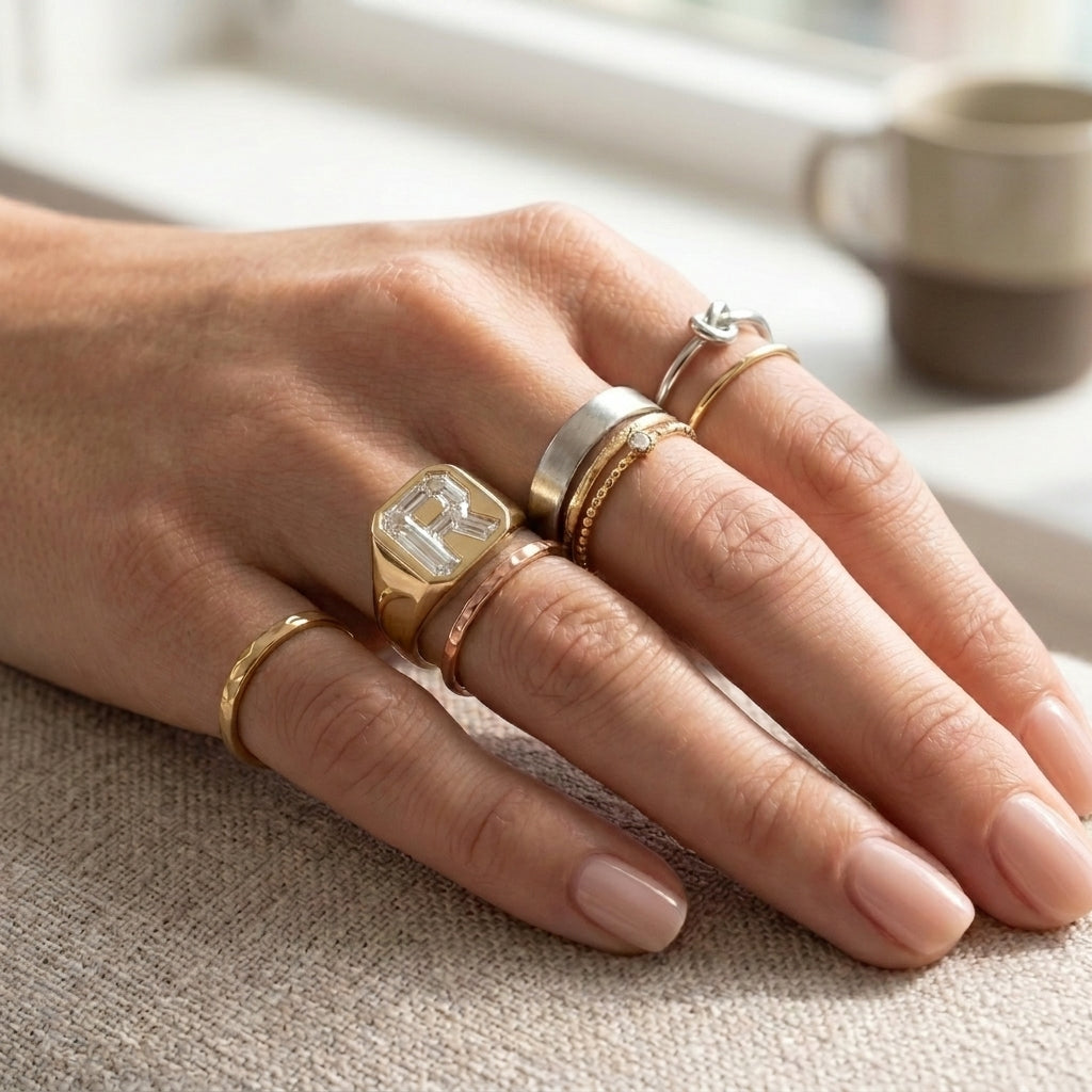 Women's Vintage Milgrain lab-grown diamond letter signet ring in 14K Yellow Gold, letter R, worn on hand