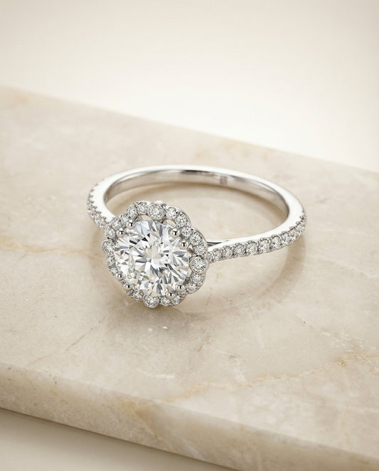 Round Brilliant, Vintage Scalloped Halo, in Platinum, pave setting – angled view | RockHer
