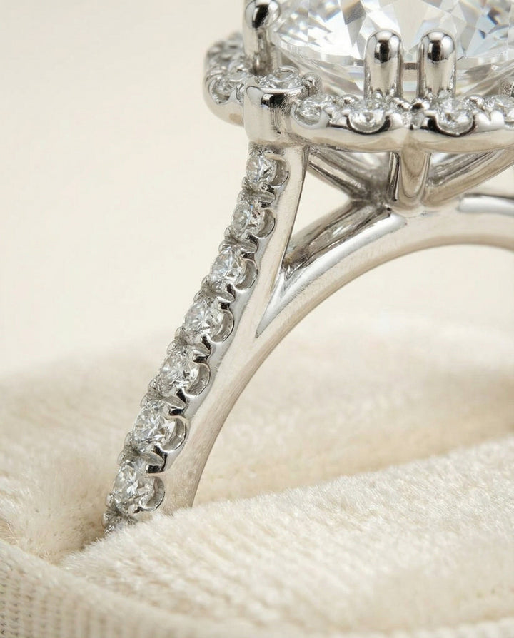 Round Brilliant, Vintage Scalloped Halo, in Platinum, pave setting – detail view | RockHer