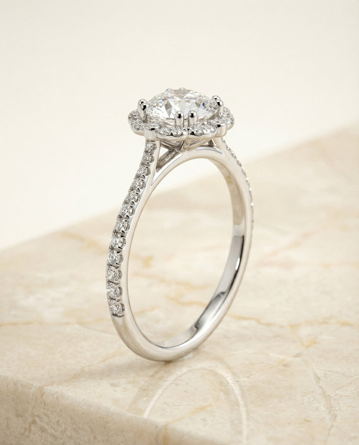 Round Brilliant, Vintage Scalloped Halo, in Platinum, pave setting – front view | RockHer