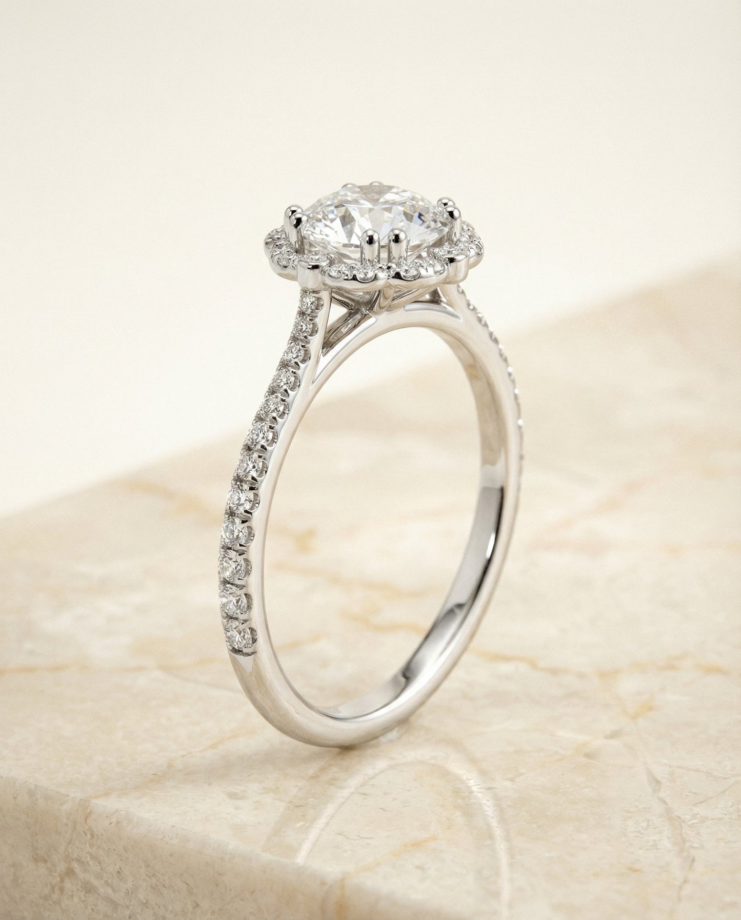Round Brilliant, Vintage Scalloped Halo, in Platinum, pave setting – front view | RockHer