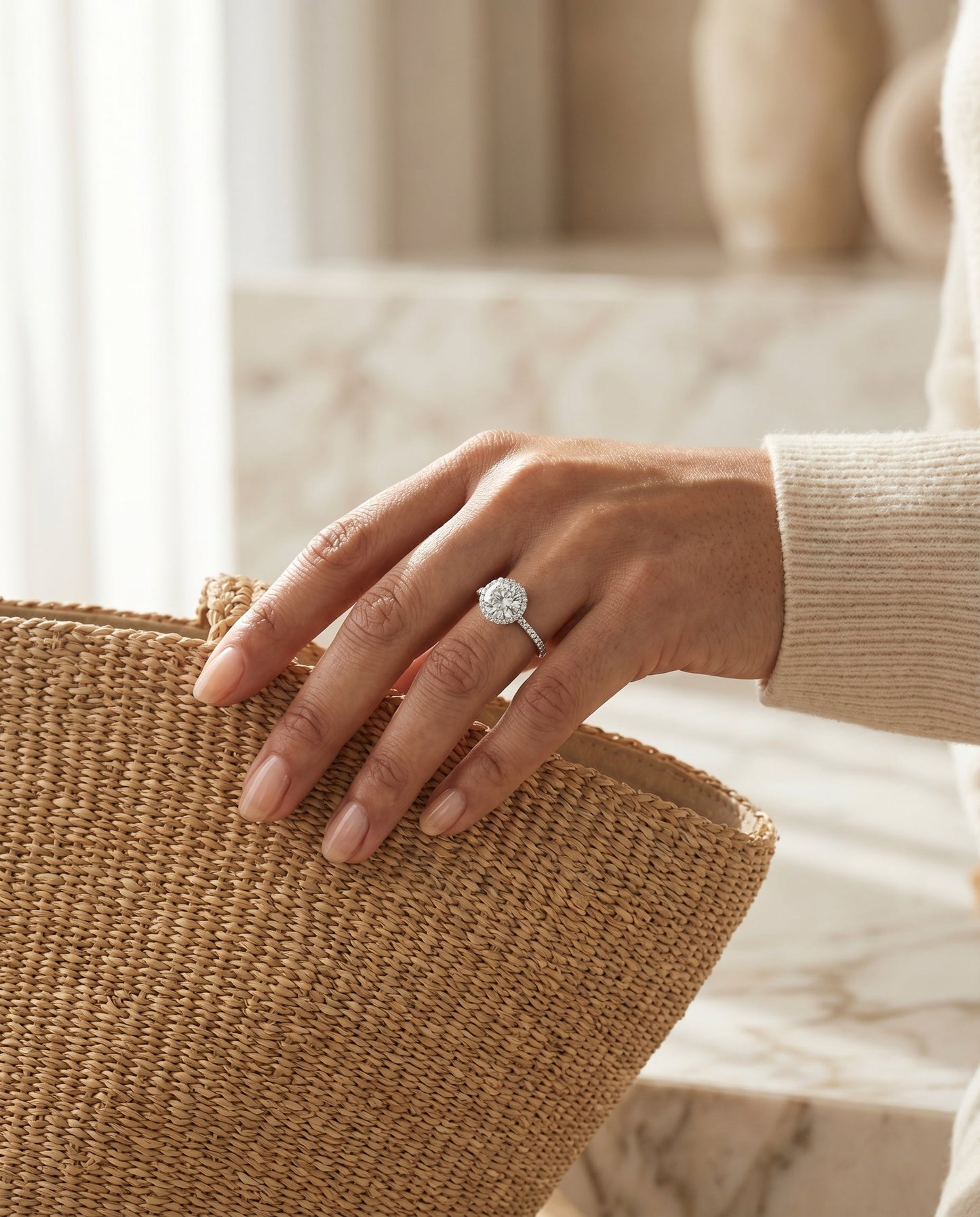 Round Brilliant, Vintage Scalloped Halo, in Platinum, pave setting – lifestyle shot | RockHer