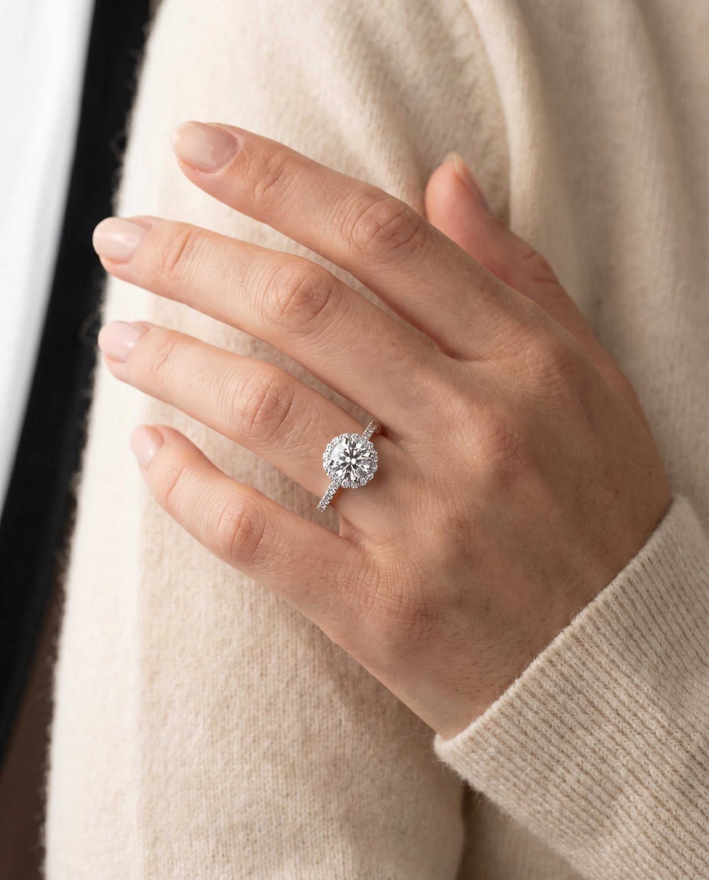 Round Brilliant, Vintage Scalloped Halo, in Platinum, pave setting – lifestyle shot | RockHer