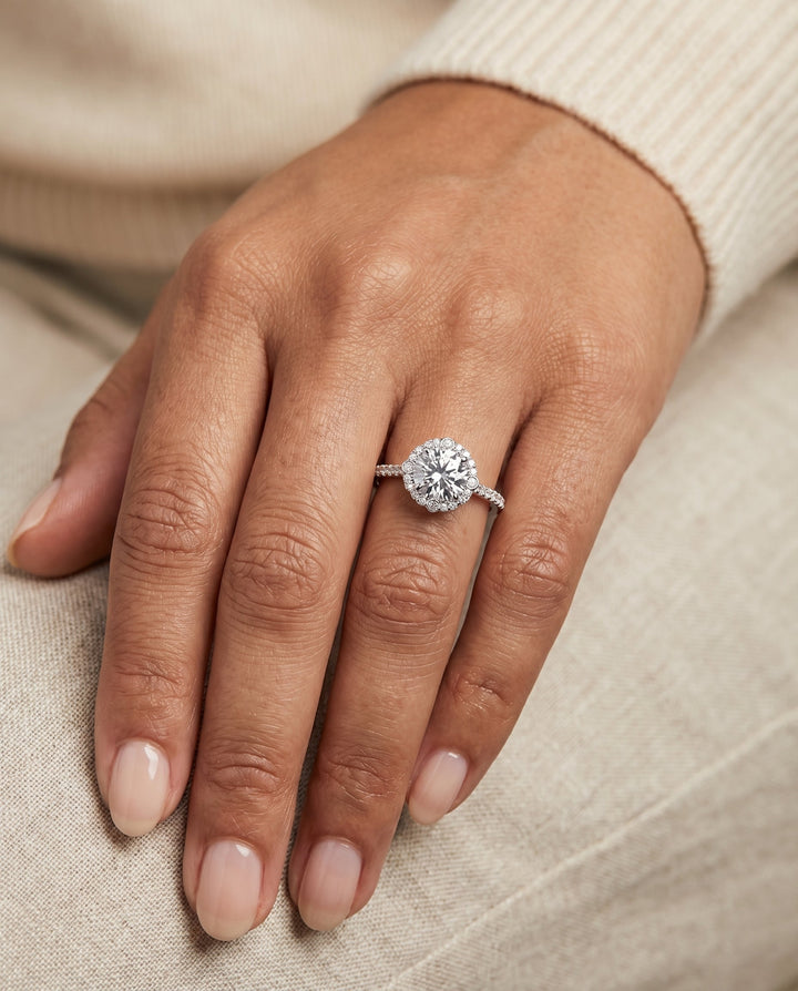 Round Brilliant, Vintage Scalloped Halo, in Platinum, pave setting – lifestyle shot | RockHer