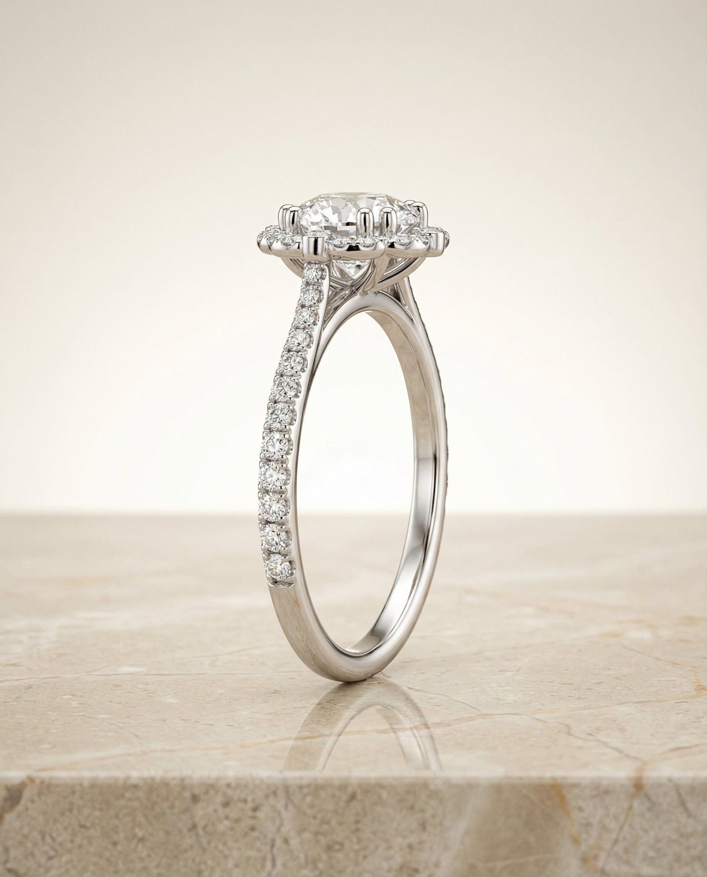 Round Brilliant, Vintage Scalloped Halo, in Platinum, pave setting – side profile | RockHer