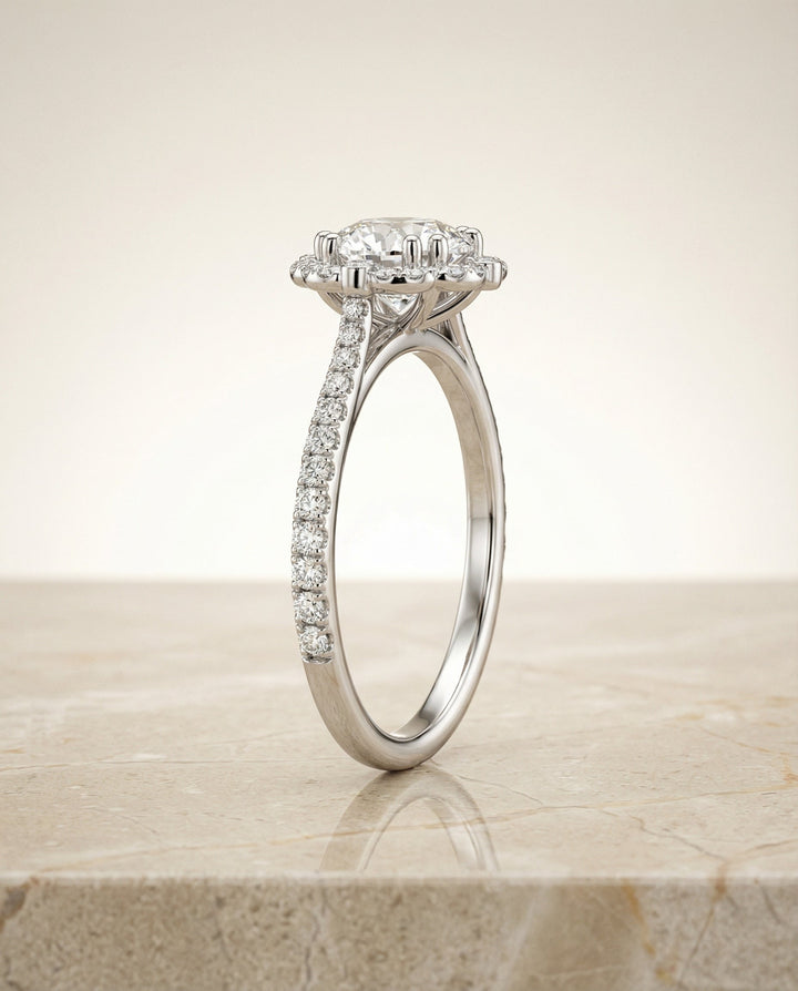 Round Brilliant, Vintage Scalloped Halo, in Platinum, pave setting – side profile | RockHer
