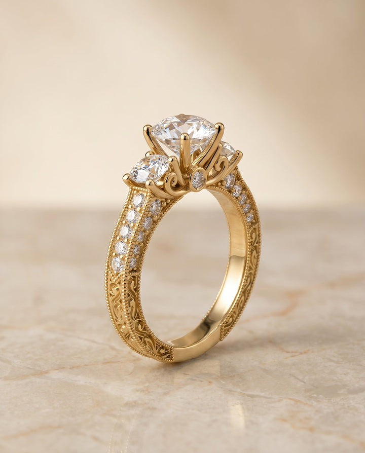 Round Brilliant, Vintage Scroll Three Stone, in 18K Yellow Gold, pave setting – angled view | RockHer