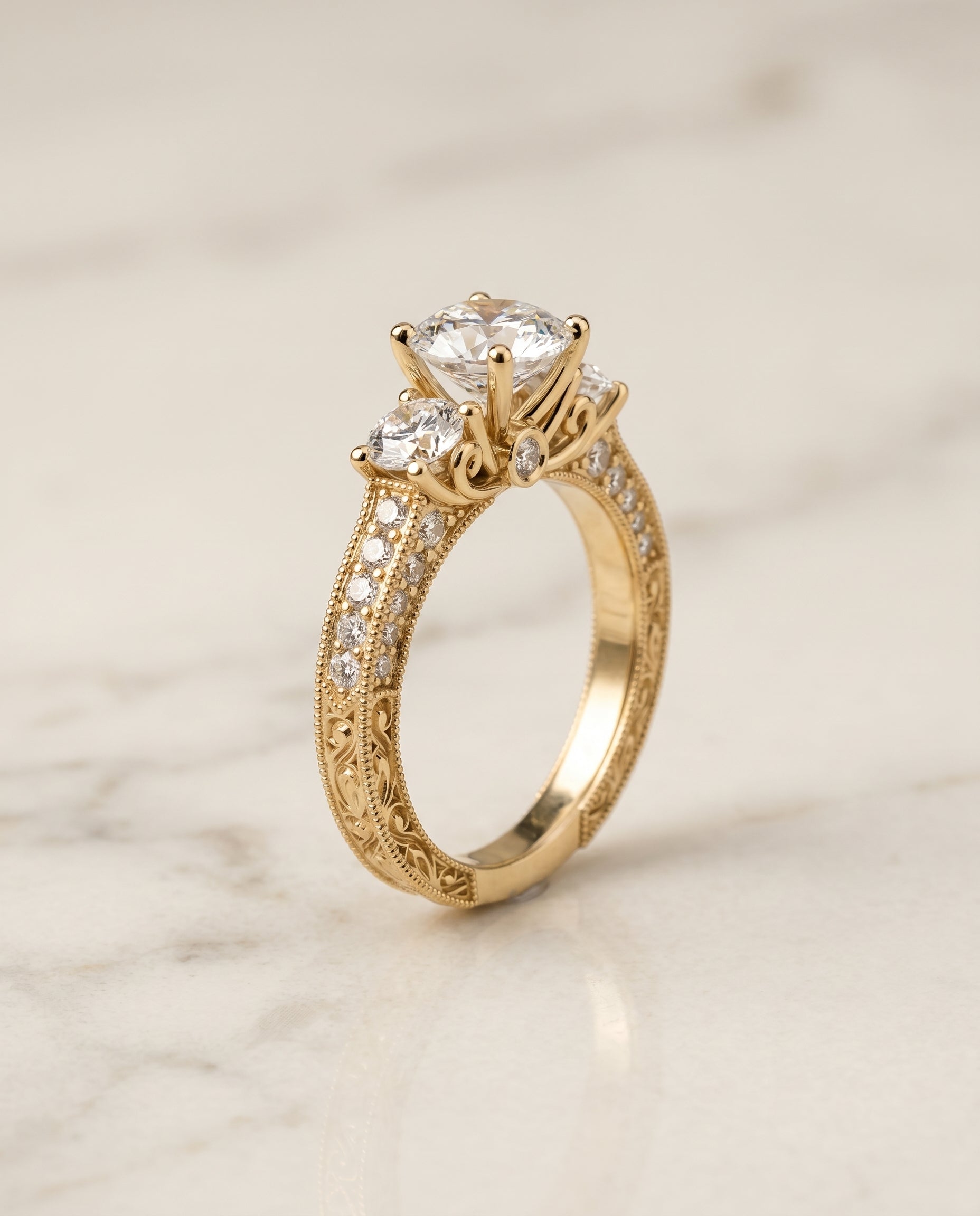 Round Brilliant, Vintage Scroll Three Stone, in 18K Yellow Gold, pave setting – front view | RockHer