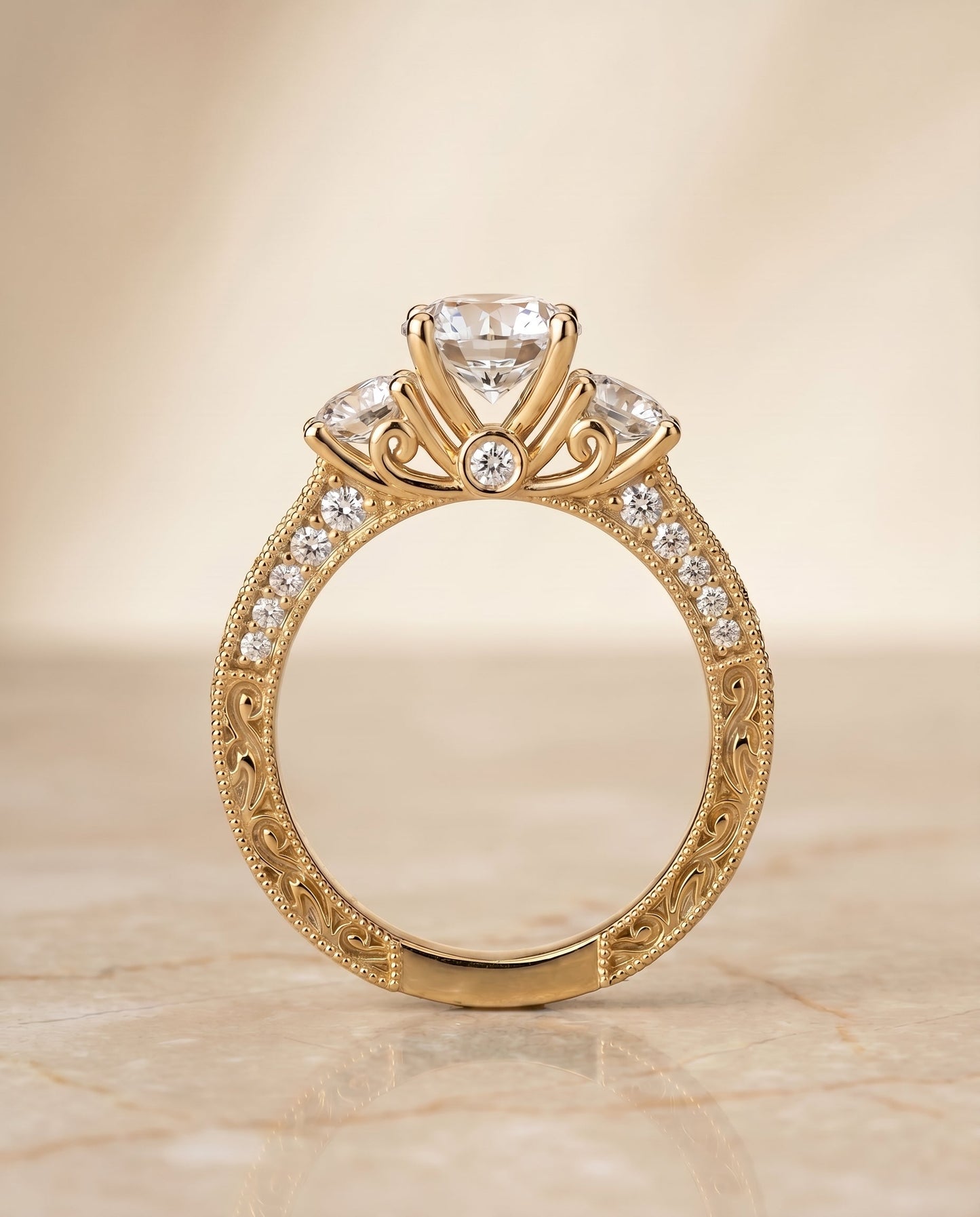 Round Brilliant, Vintage Scroll Three Stone, in 18K Yellow Gold, pave setting – side profile | RockHer
