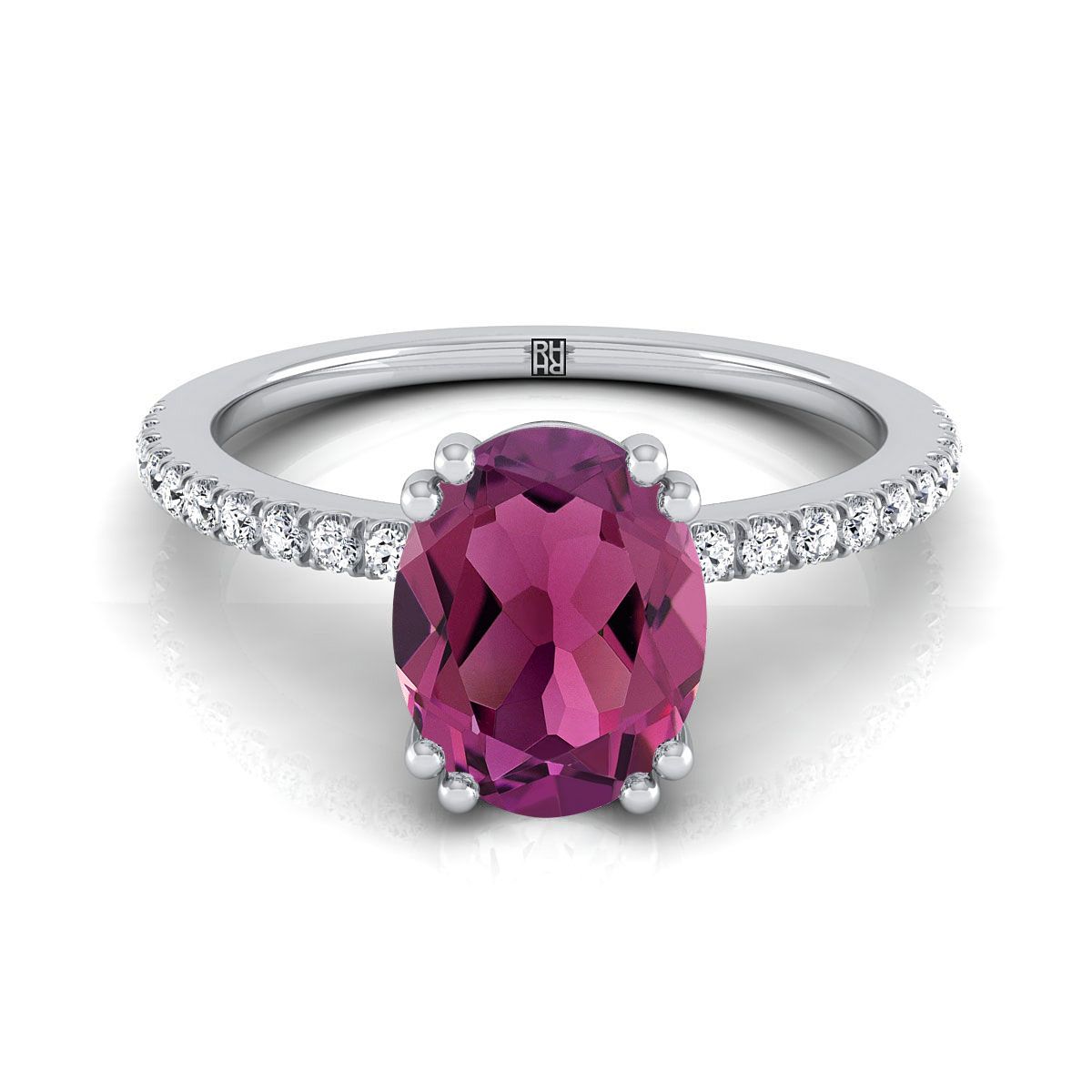 Platinum Oval Garnet Simple French Pave Double Claw Prong Diamond Engagement Ring -1/6ctw