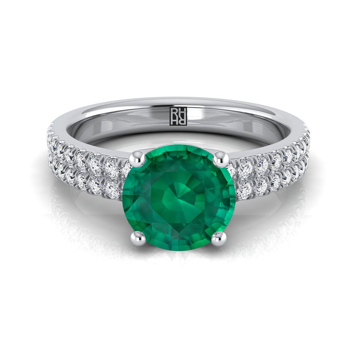 14K White Gold Round Brilliant Emerald Double Pave Diamond Row Engagement Ring -1/4ctw