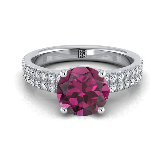 Platinum Round Brilliant Garnet Double Pave Diamond Row Engagement Ring -1/4ctw