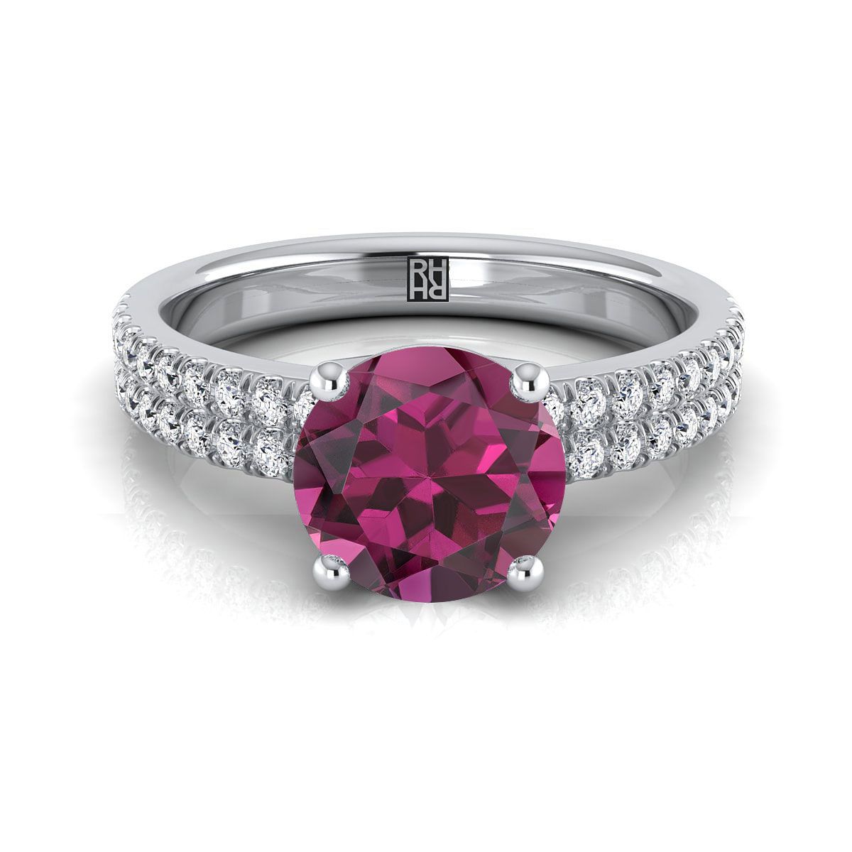 18K White Gold Round Brilliant Garnet Double Pave Diamond Row Engagement Ring -1/4ctw