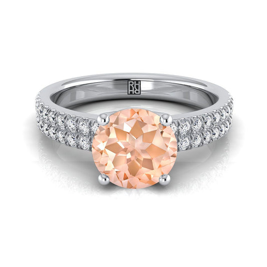 18K White Gold Round Brilliant Morganite Double Pave Diamond Row Engagement Ring -1/4ctw