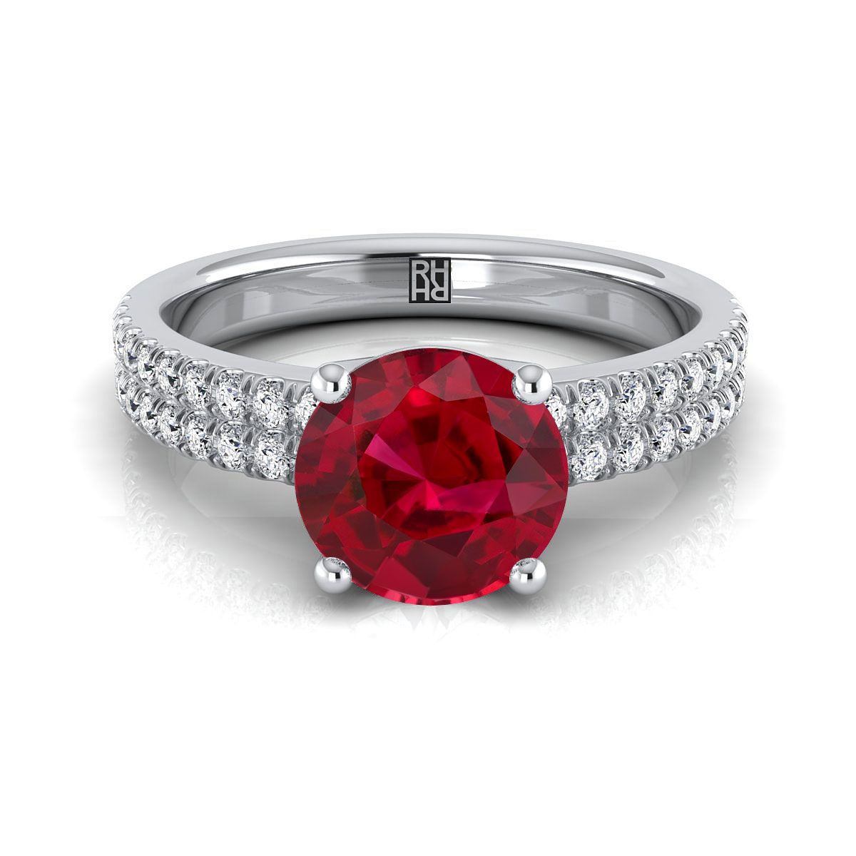 Platinum Round Brilliant Ruby Double Pave Diamond Row Engagement Ring -1/4ctw