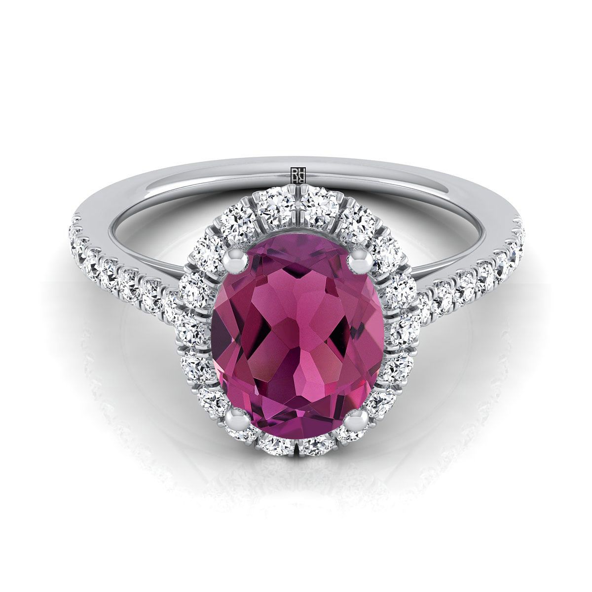 Platinum Oval Garnet Petite Halo French Diamond Pave Engagement Ring -3/8ctw