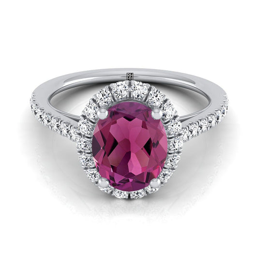 14K White Gold Oval Garnet Petite Halo French Diamond Pave Engagement Ring -3/8ctw