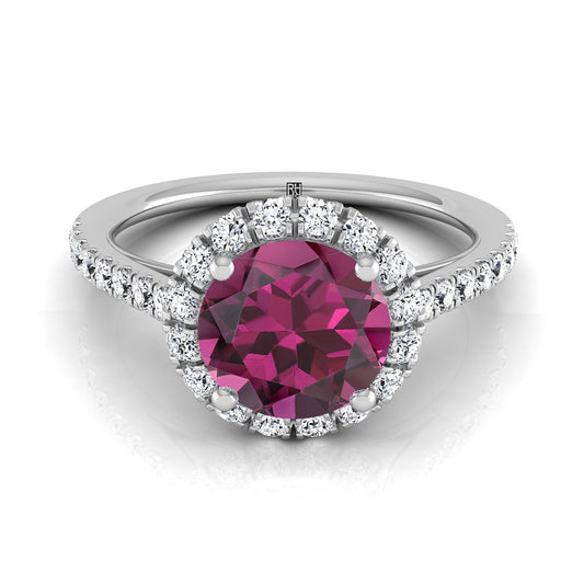 14K White Gold Round Brilliant Garnet Petite Halo French Diamond Pave Engagement Ring -3/8ctw