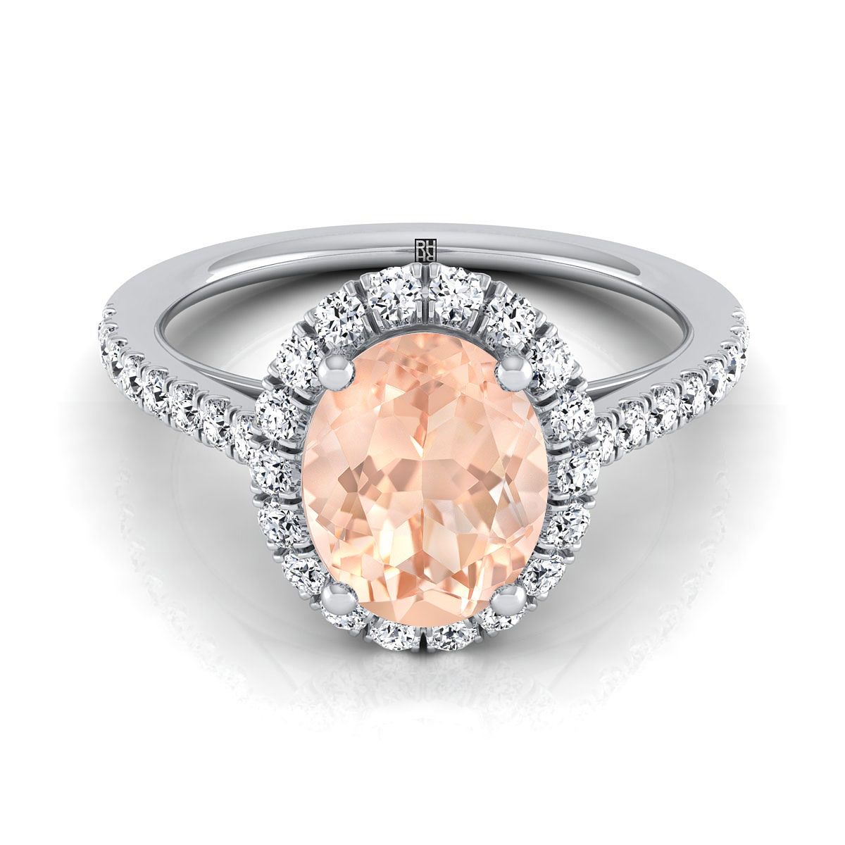 14K White Gold Oval Morganite Petite Halo French Diamond Pave Engagement Ring -3/8ctw