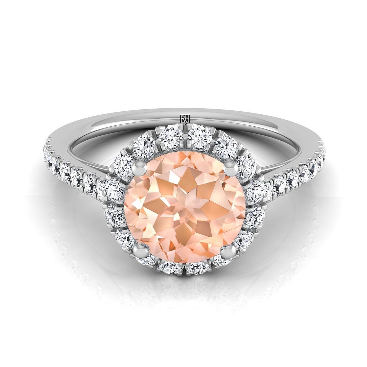 14K White Gold Round Brilliant Morganite Petite Halo French Diamond Pave Engagement Ring -3/8ctw