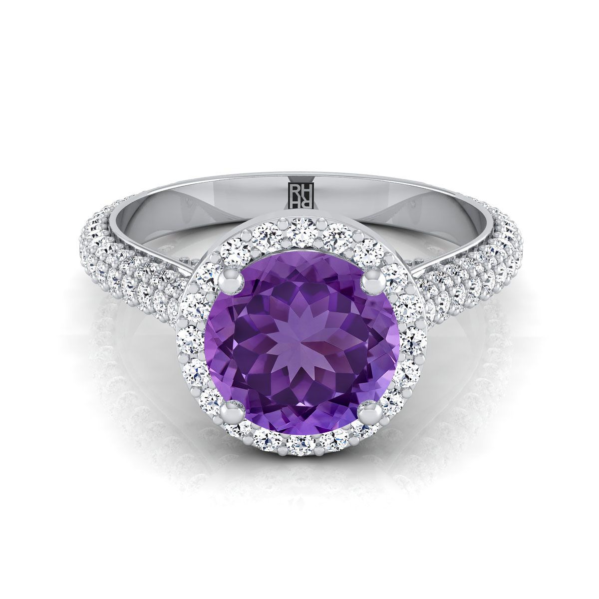 แหวนหมั้นเพชรฝังข้างไมโครปาเว่ทรงกลมเจียระไนแบบบริลเลียนท์พลาตินัมพร้อมอเมทิสต์ฮาโล - 7/8ctw