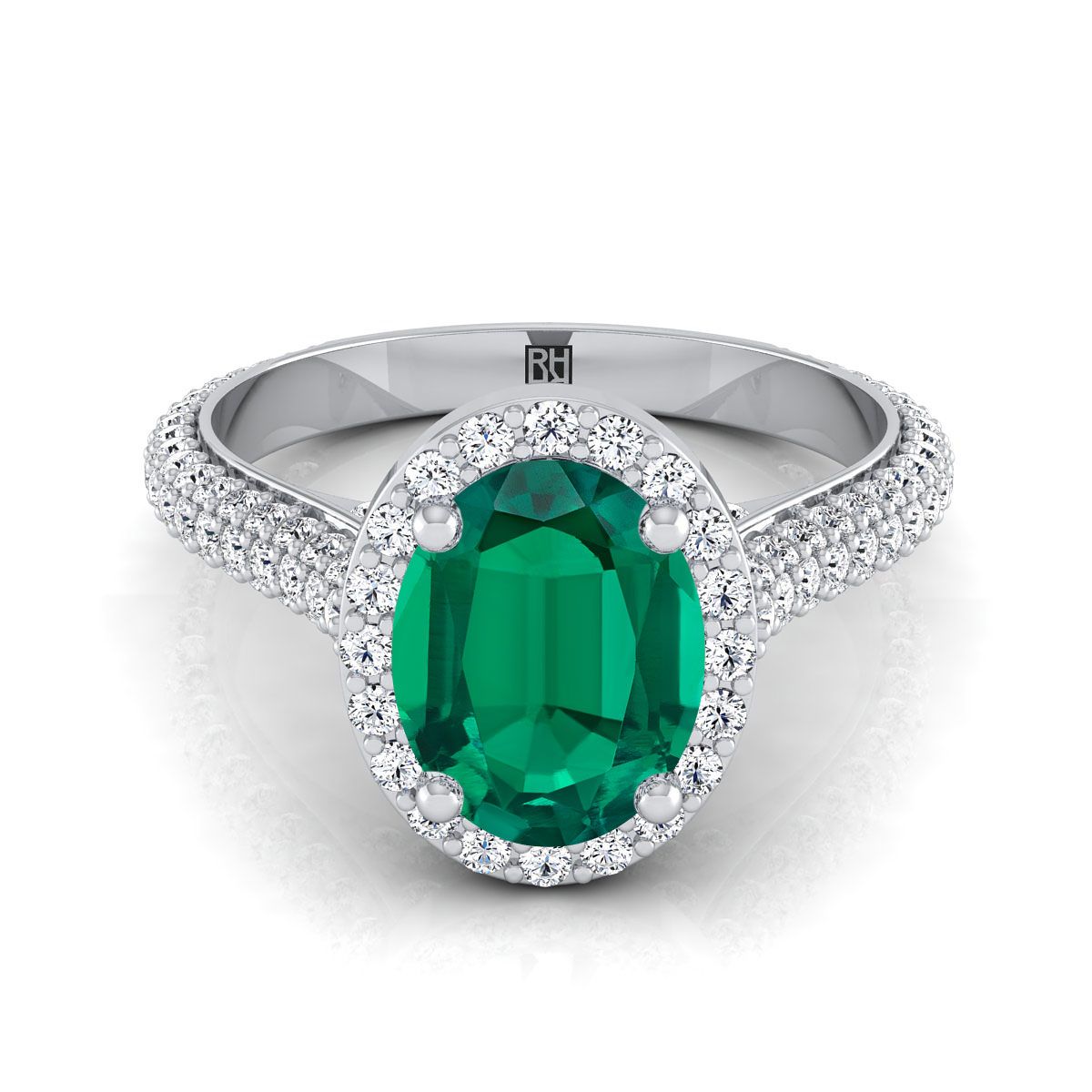 18K White Gold Oval Emerald Micro-Pavé Halo With Pave Side Diamond Engagement Ring -7/8ctw