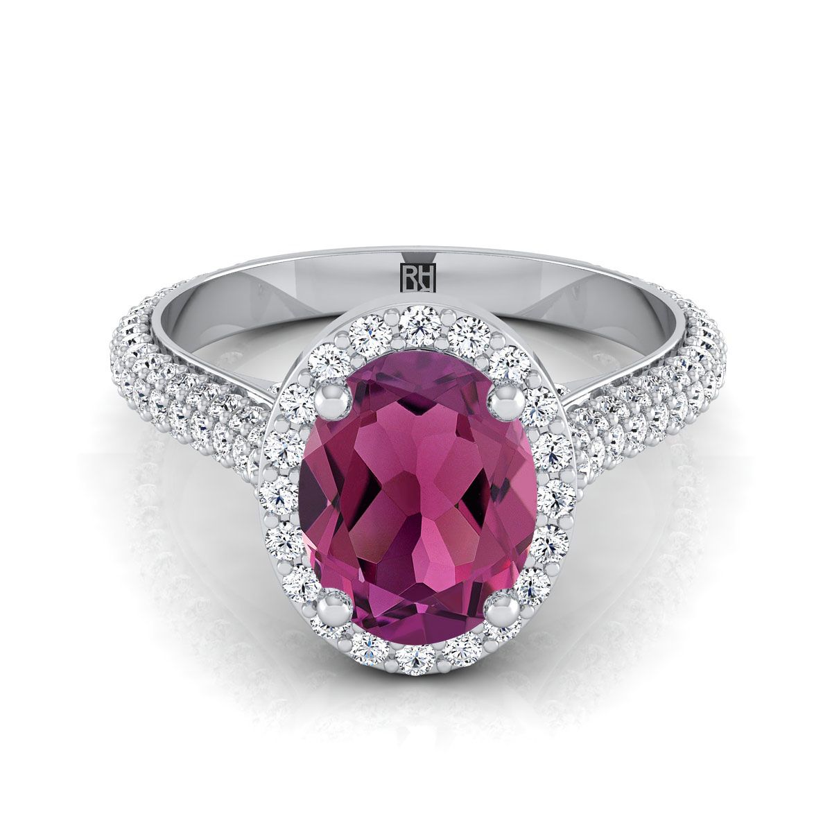 18K White Gold Oval Garnet Micro-Pavé Halo With Pave Side Diamond Engagement Ring -7/8ctw