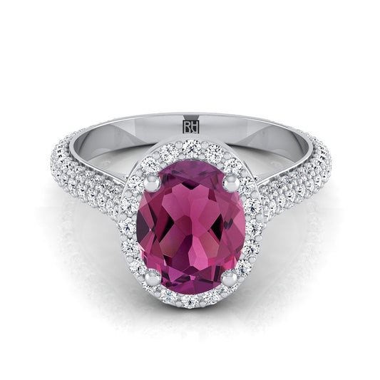 18K White Gold Oval Garnet Micro-Pavé Halo With Pave Side Diamond Engagement Ring -7/8ctw