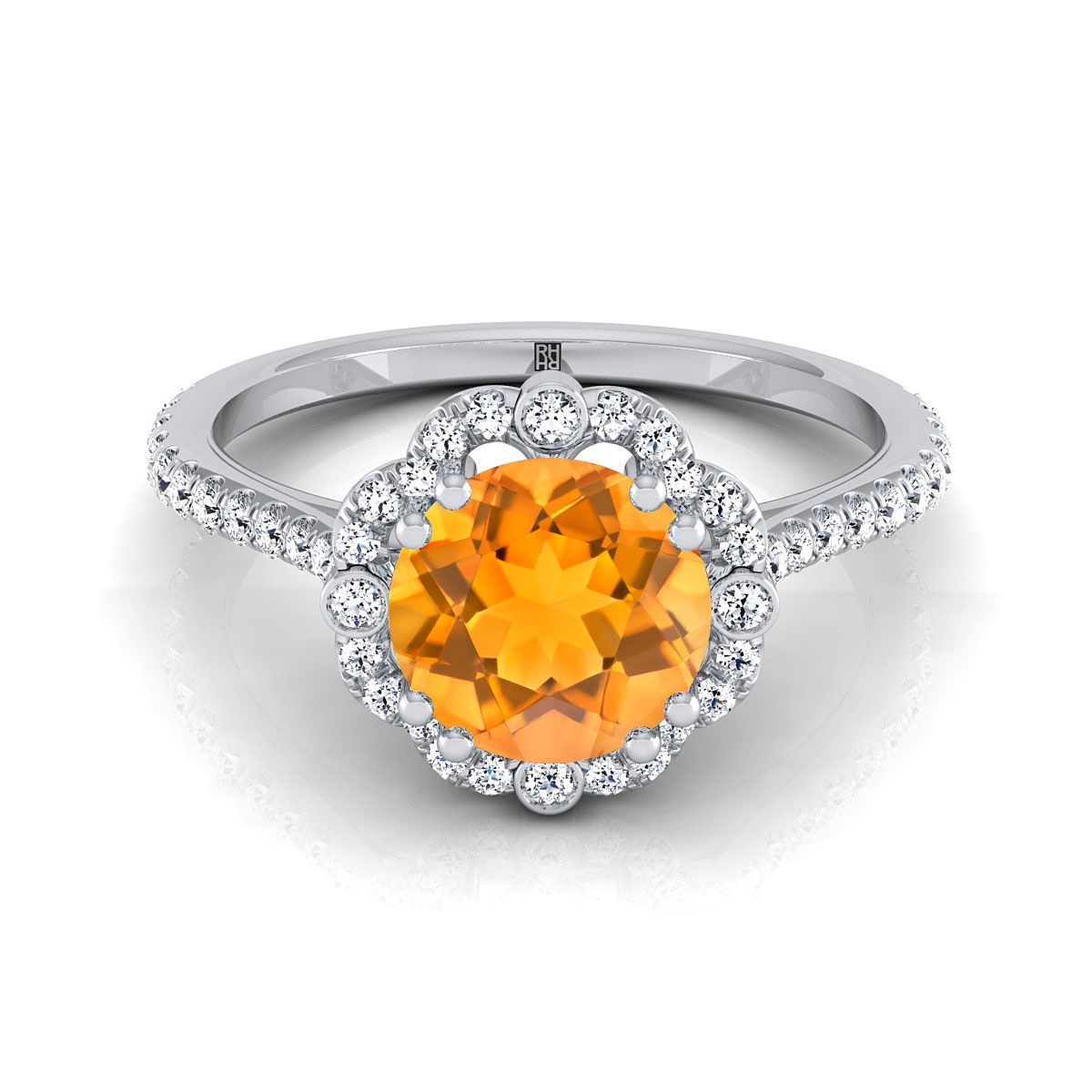 Platinum Round Brilliant Citrine Ornate Diamond Halo Vintage Inspired Engagement Ring -1/4ctw
