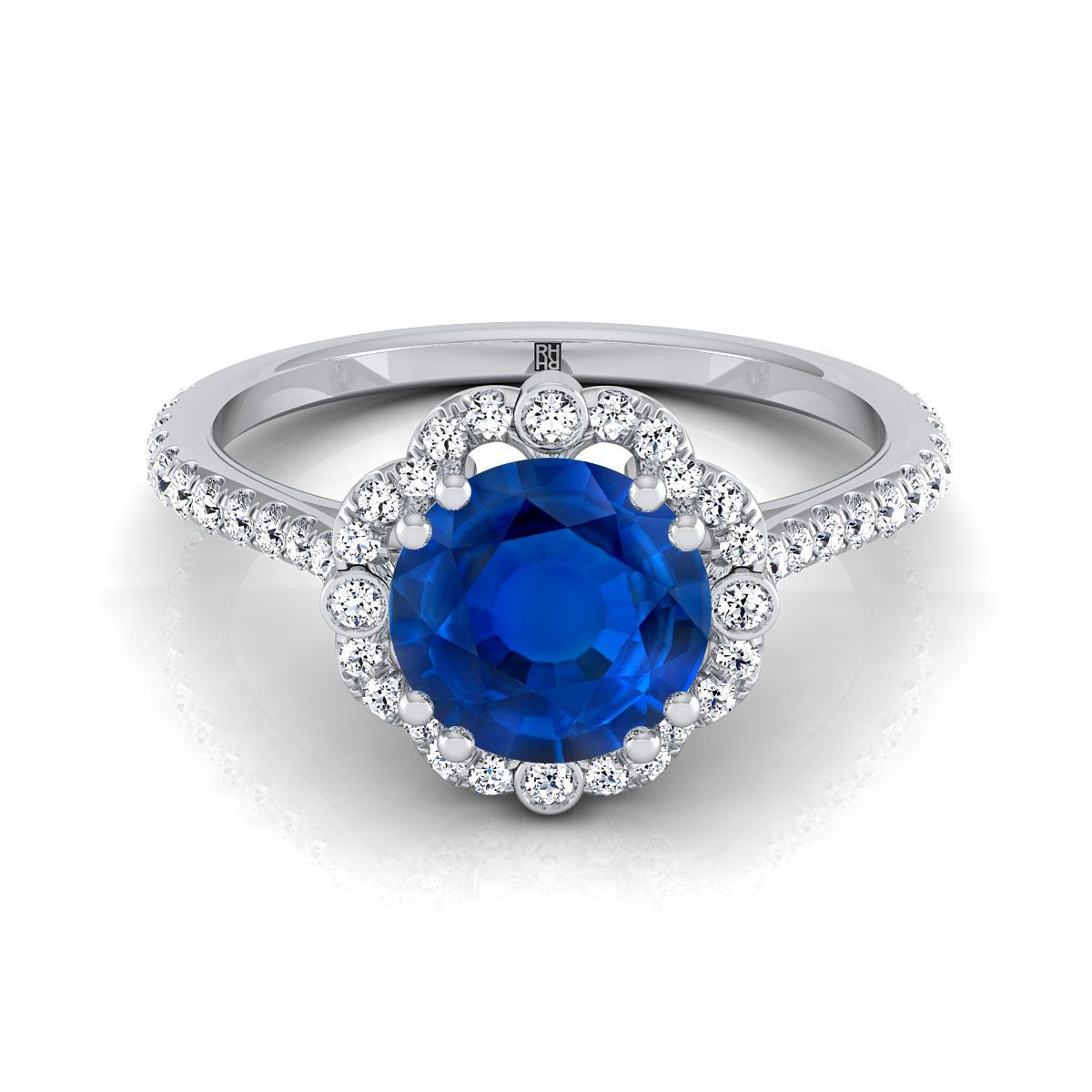 Platinum Round Brilliant Antique Delicate Beaded Floral Halo and Leaf Engagement Ring -3/8ctw