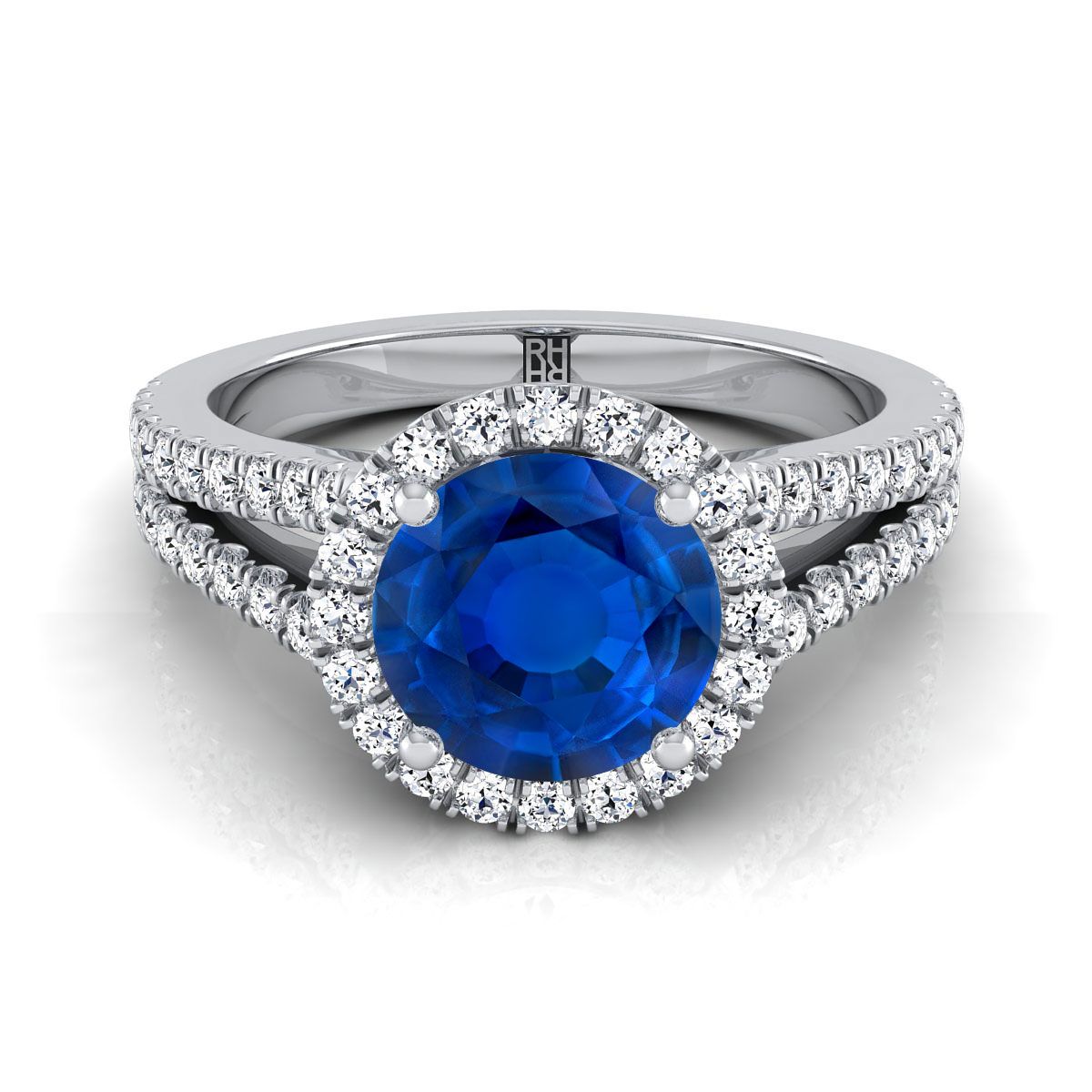 Platinum Round Brilliant Sapphire Halo Center with French Pave Split Shank Engagement Ring -3/8ctw
