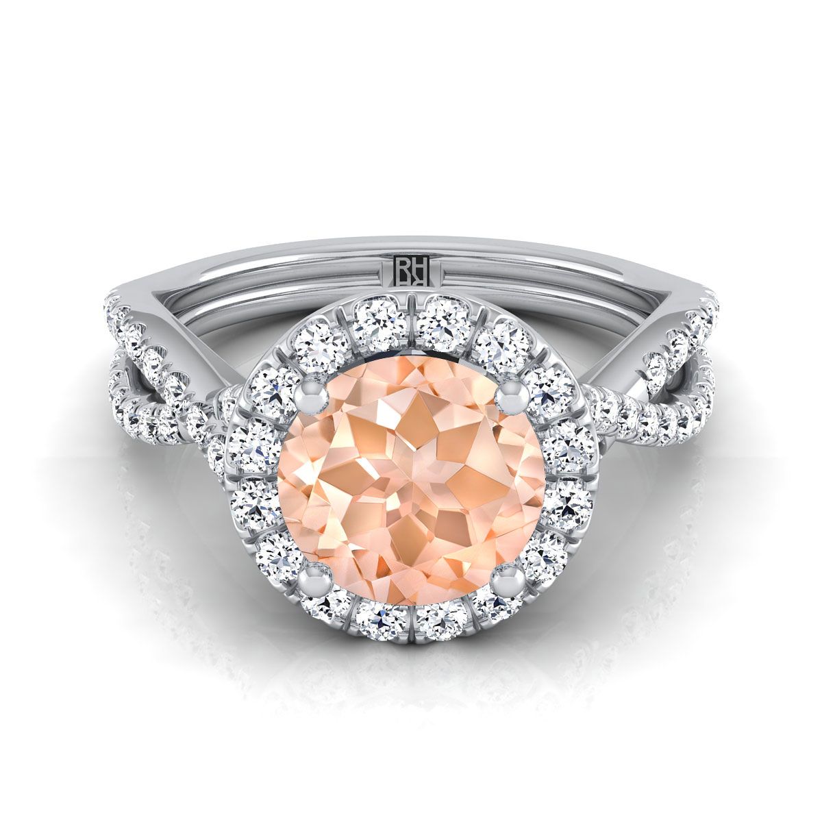 แหวนหมั้นทองคำขาว 14K ประดับมอร์แกไนต์ทรงกลมเจียระไนแบบ Brilliant พร้อมเพชร Pavé แบบขอบหยักบิด Halo น้ำหนักรวม 1/2 กะรัต