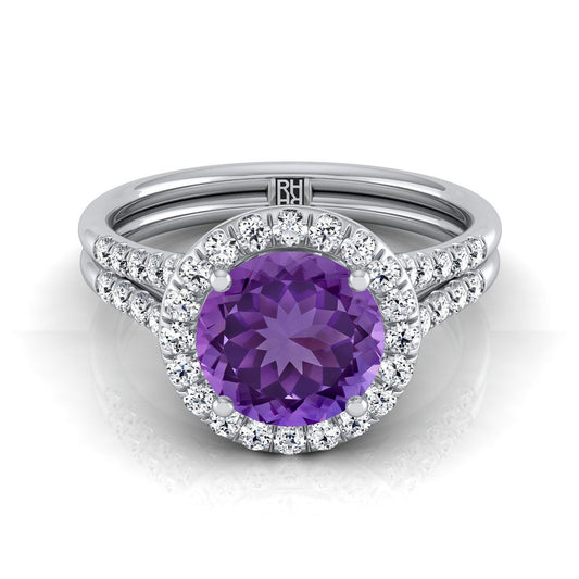 Platinum Round Brilliant French Pave Split Shank Halo Engagement Ring -3/8ctw