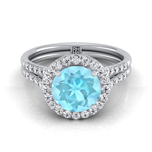 แหวนหมั้นทองคำขาว 14K ทรงกลมเจียระไนแบบบริลเลียนต์ ฝรั่งเศสประดับเพชรแบบปาเว่ แยกชิ้นแบบแหวนฮาโล - 3/8ctw