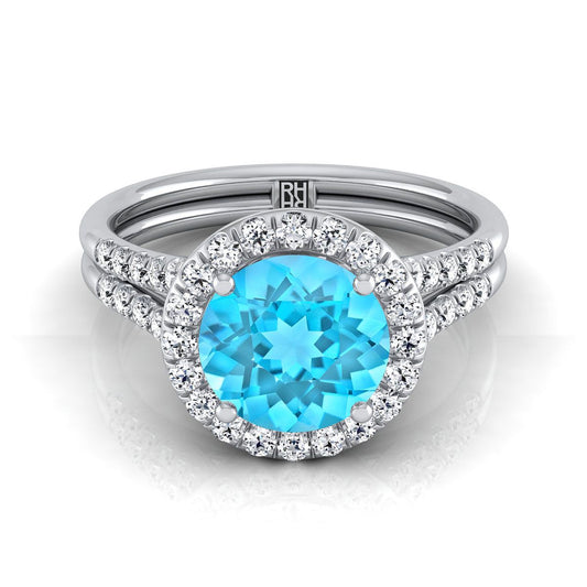 แหวนหมั้นทองคำขาว 14K ทรงกลมเจียระไนแบบบริลเลียนต์ ฝรั่งเศสประดับเพชรแบบปาเว่ แยกชิ้นแบบแหวนฮาโล - 3/8ctw