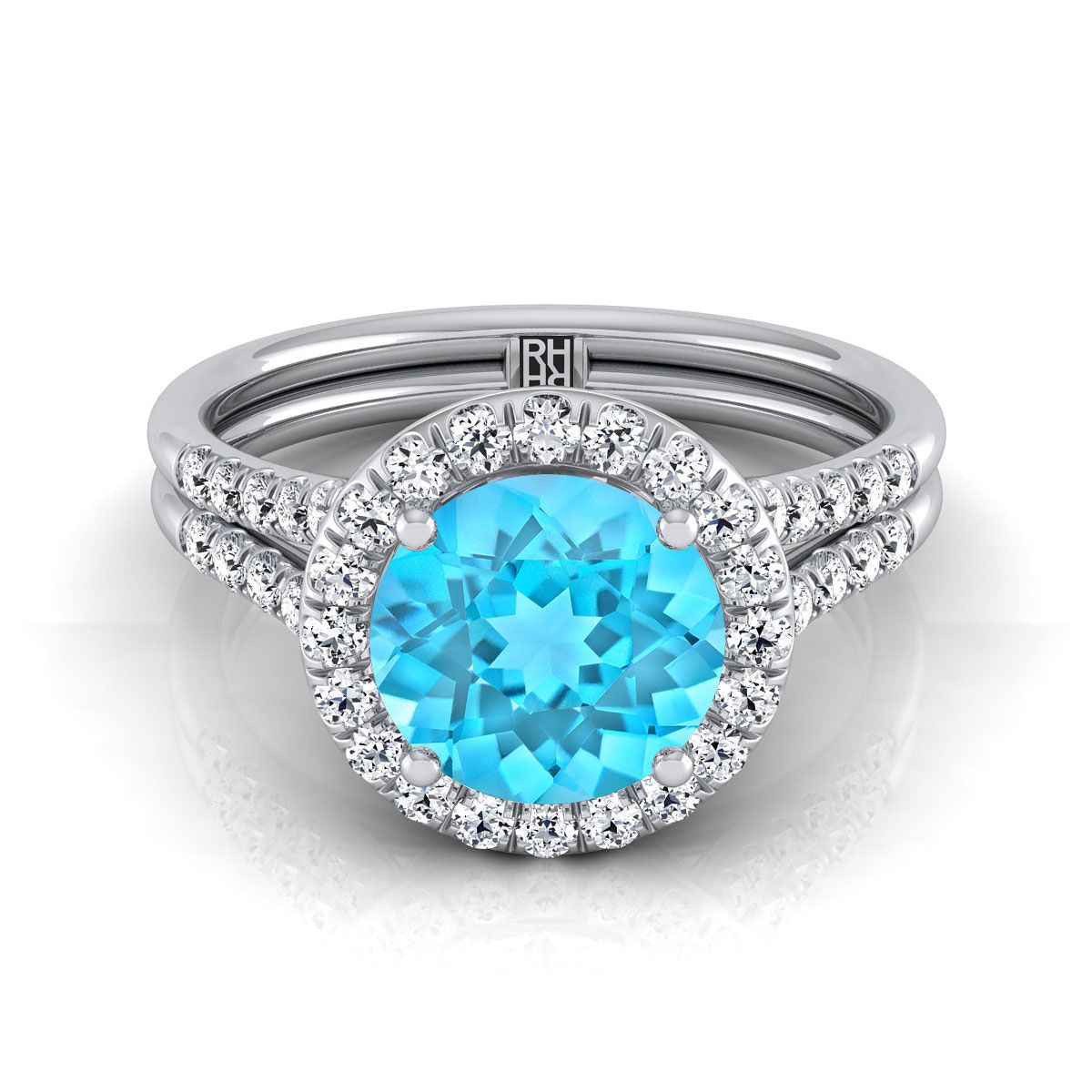 Platinum Round Brilliant French Pave Split Shank Halo Engagement Ring -3/8ctw