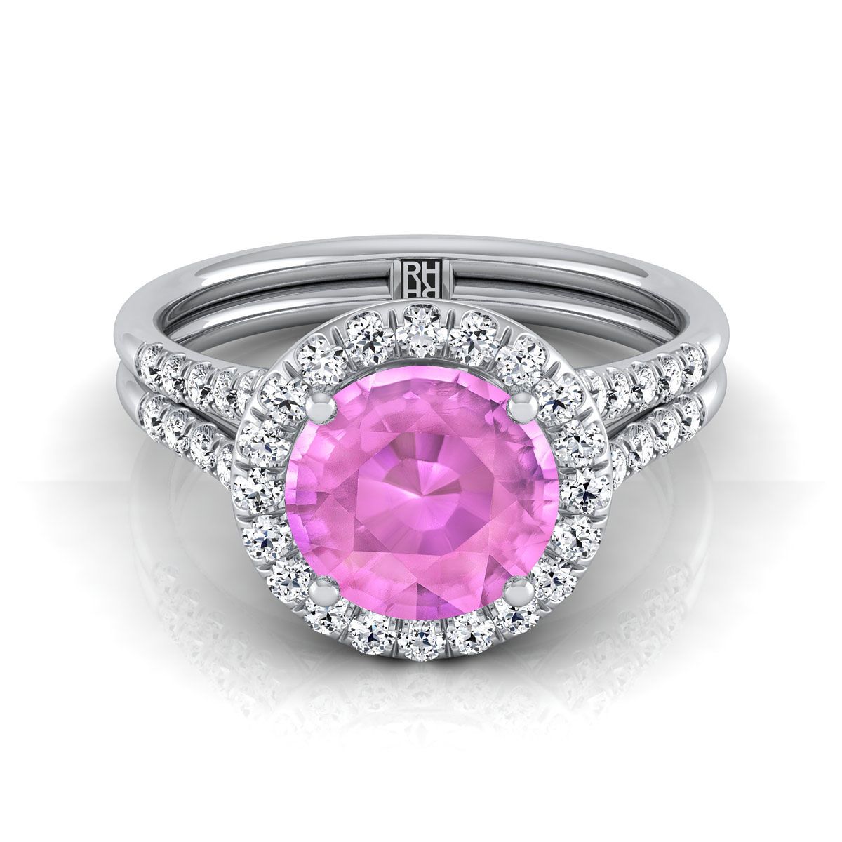 แหวนหมั้นแบบฮาโลว์หัวแหวนแยกชิ้นฝรั่งเศสประดับเพชรทรงกลมเจียระไนแบบบริลเลียนท์แพลตตินัม - 3/8ctw