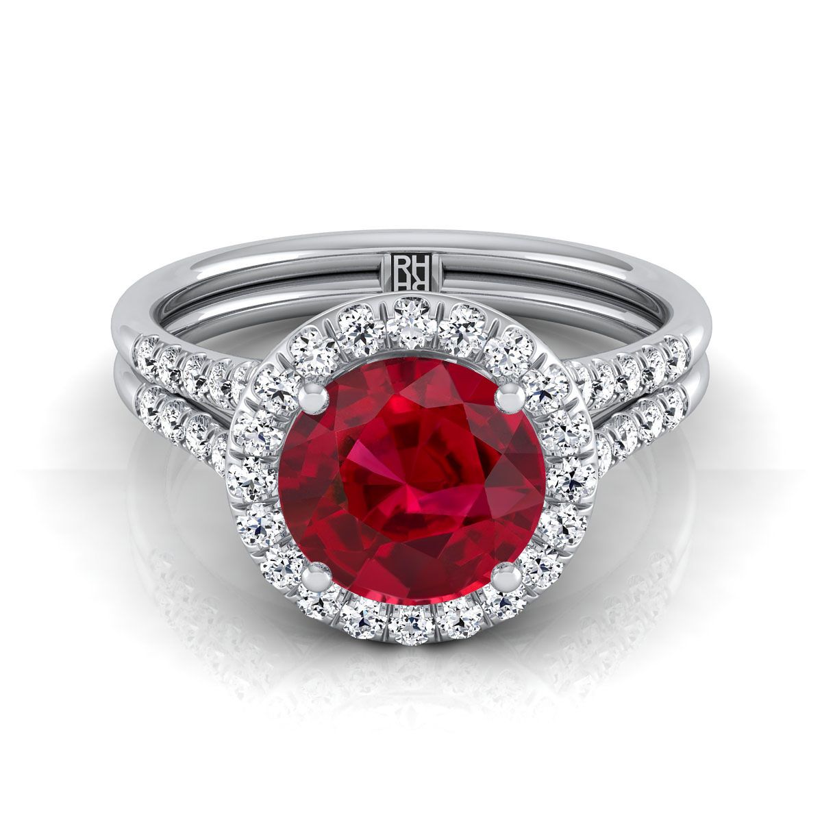 Platinum Round Brilliant French Pave Split Shank Halo Engagement Ring -3/8ctw