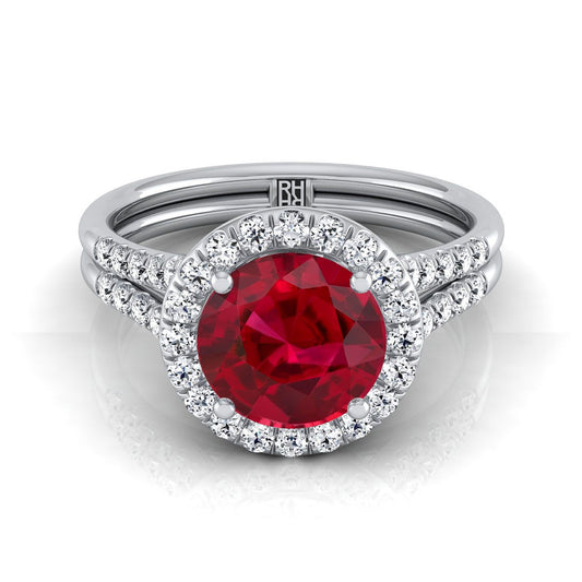 Platinum Round Brilliant French Pave Split Shank Halo Engagement Ring -3/8ctw