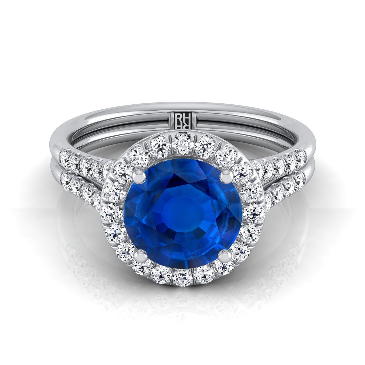 14K White Gold Round Brilliant French Pave Split Shank Halo Engagement Ring -3/8ctw